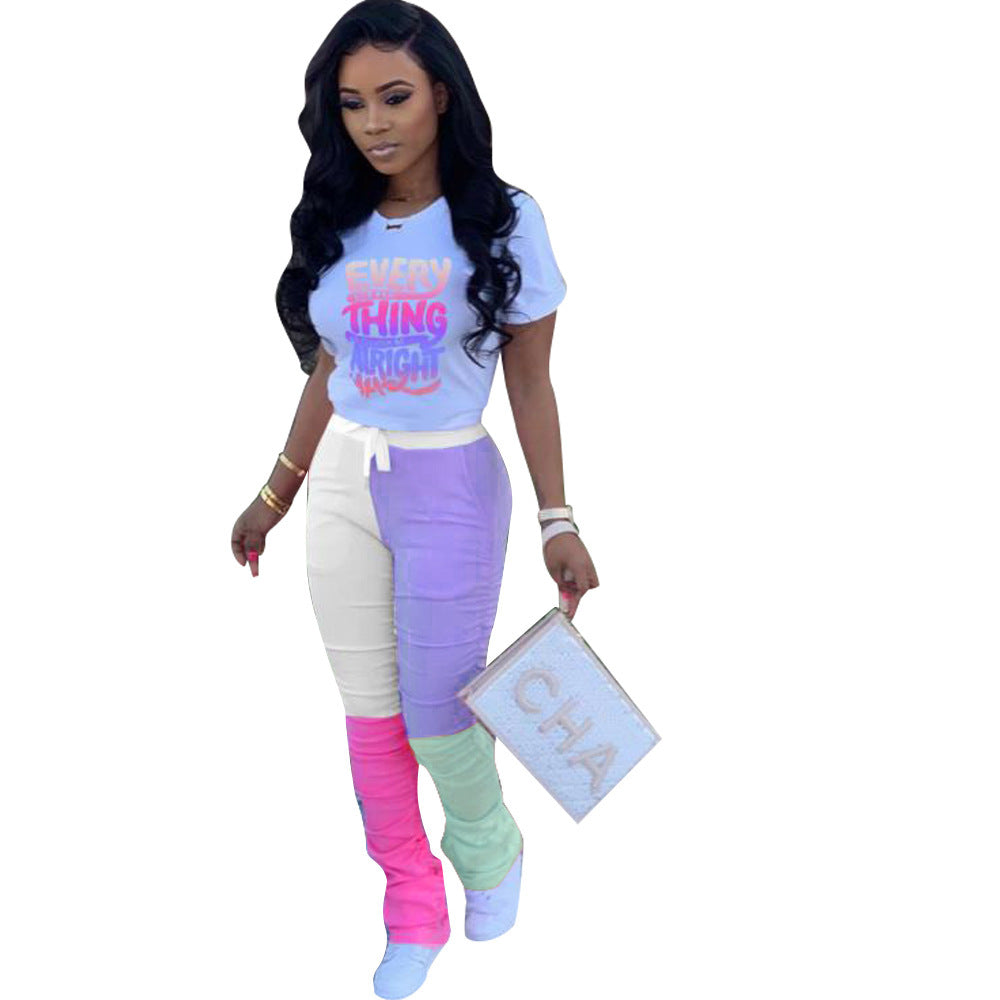 Women printed short-sleeved T-shirt and color-blocked trousers sports two-piece set 17