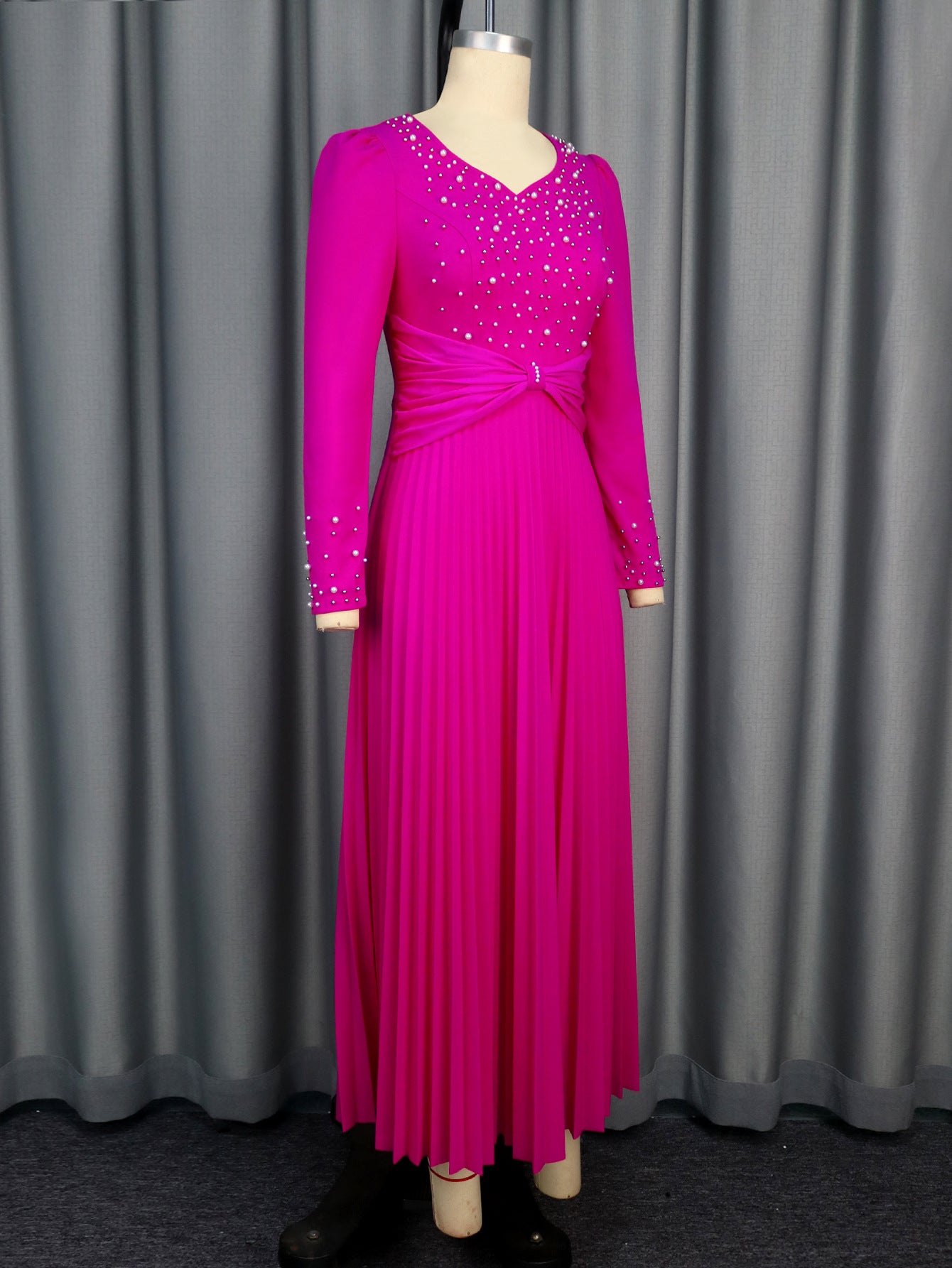 Women beaded v-neck long sleeve pleated party dress 4