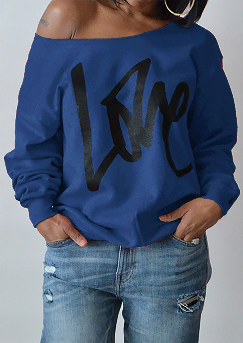 Love Letter Printed Long Sleeve T-Shirt Sexy Off-Shoulder Women's Top 18