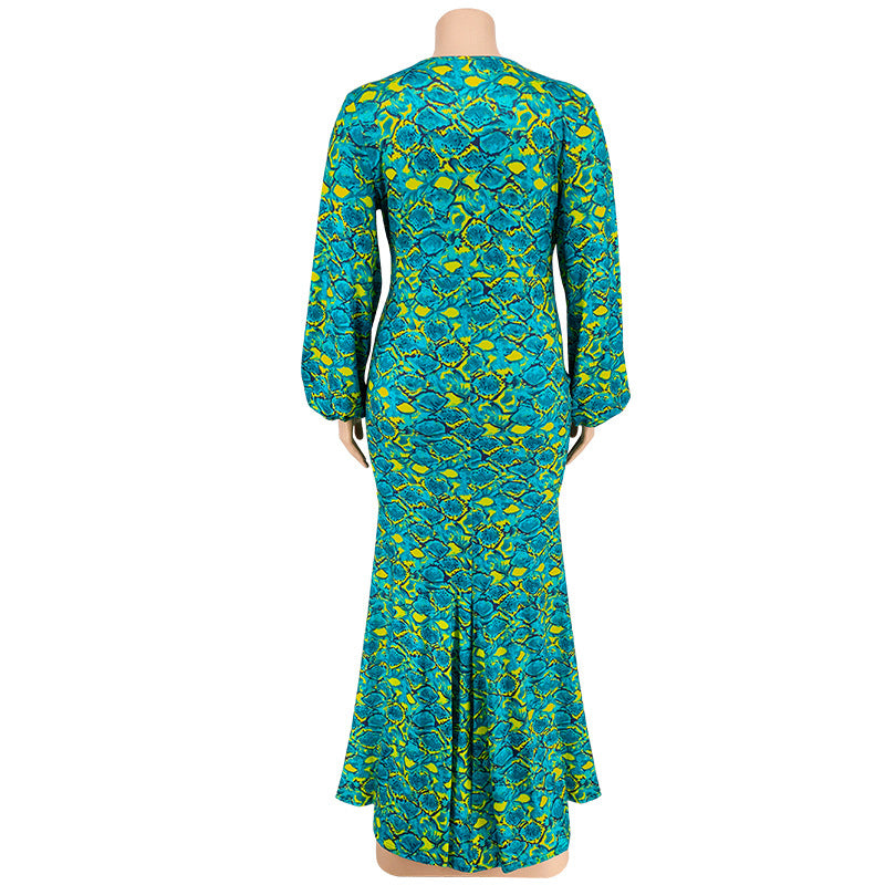 Plus Size Women'S Print V-Neck Fashion Long Sleeve Mermaid Long Dress 12