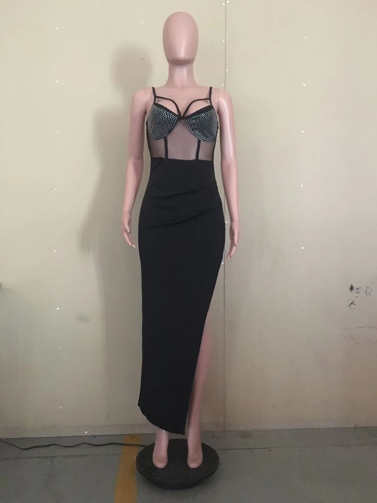 Women Summer Patchwork Mesh Beaded Slit Long Dress 17