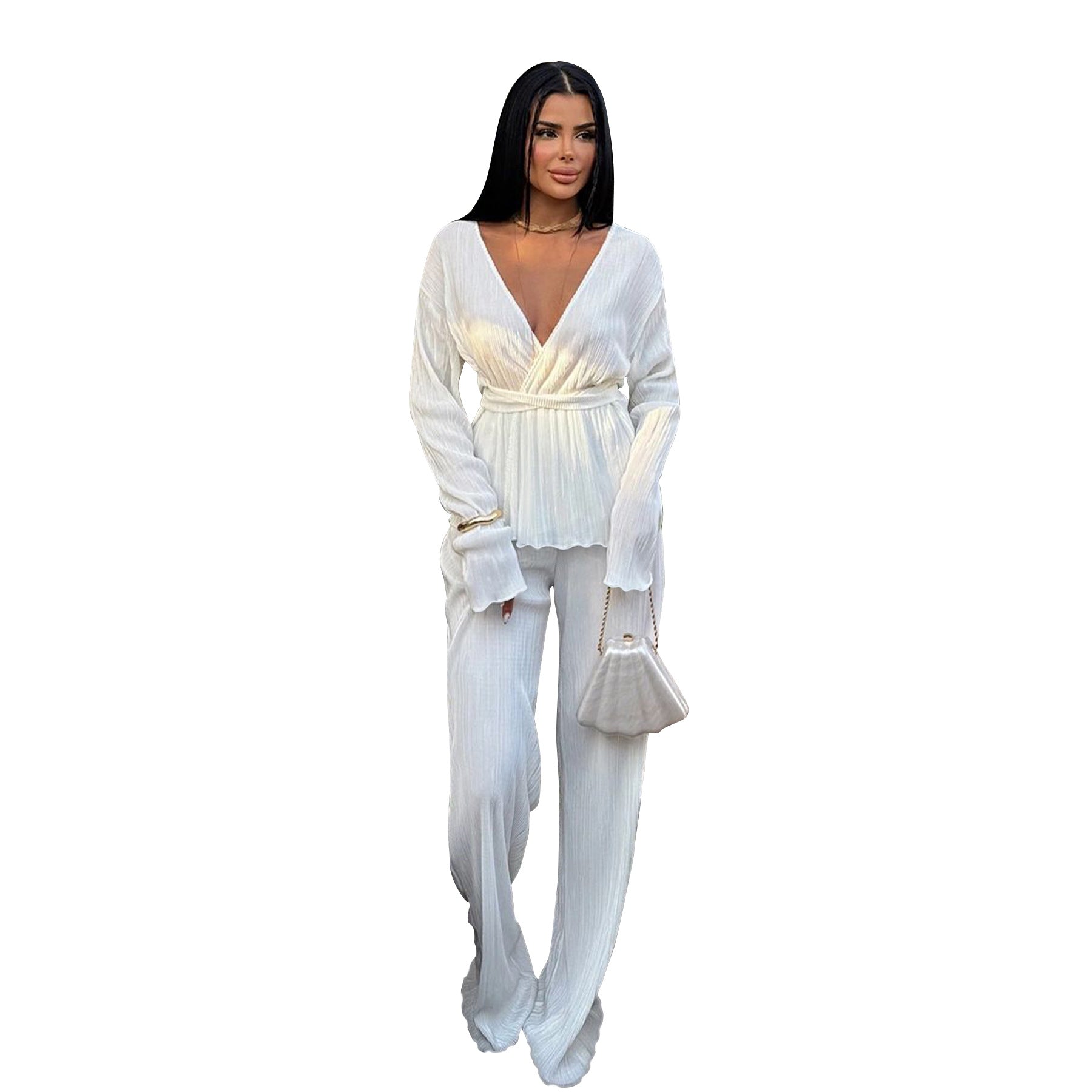 Autumn And Winter Women's V-Neck Long-Sleeved Cardigan Pants Casual Two-Piece Set 8
