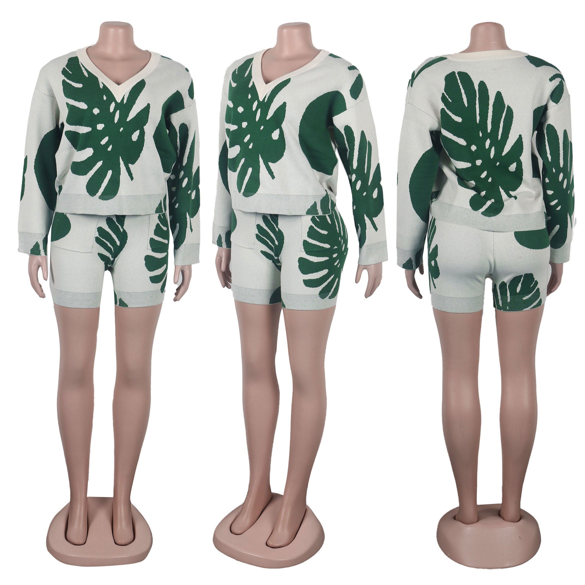 Sexy Leaf V-Neck Pullover Long-Sleeved Sweater Two-Piece Set 13