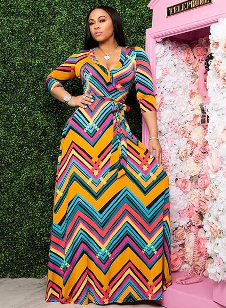 Spring & Autumn Women's Fashion Elegant Wrap V-Neck Half-Sleeve Print Belt Maxi Dress