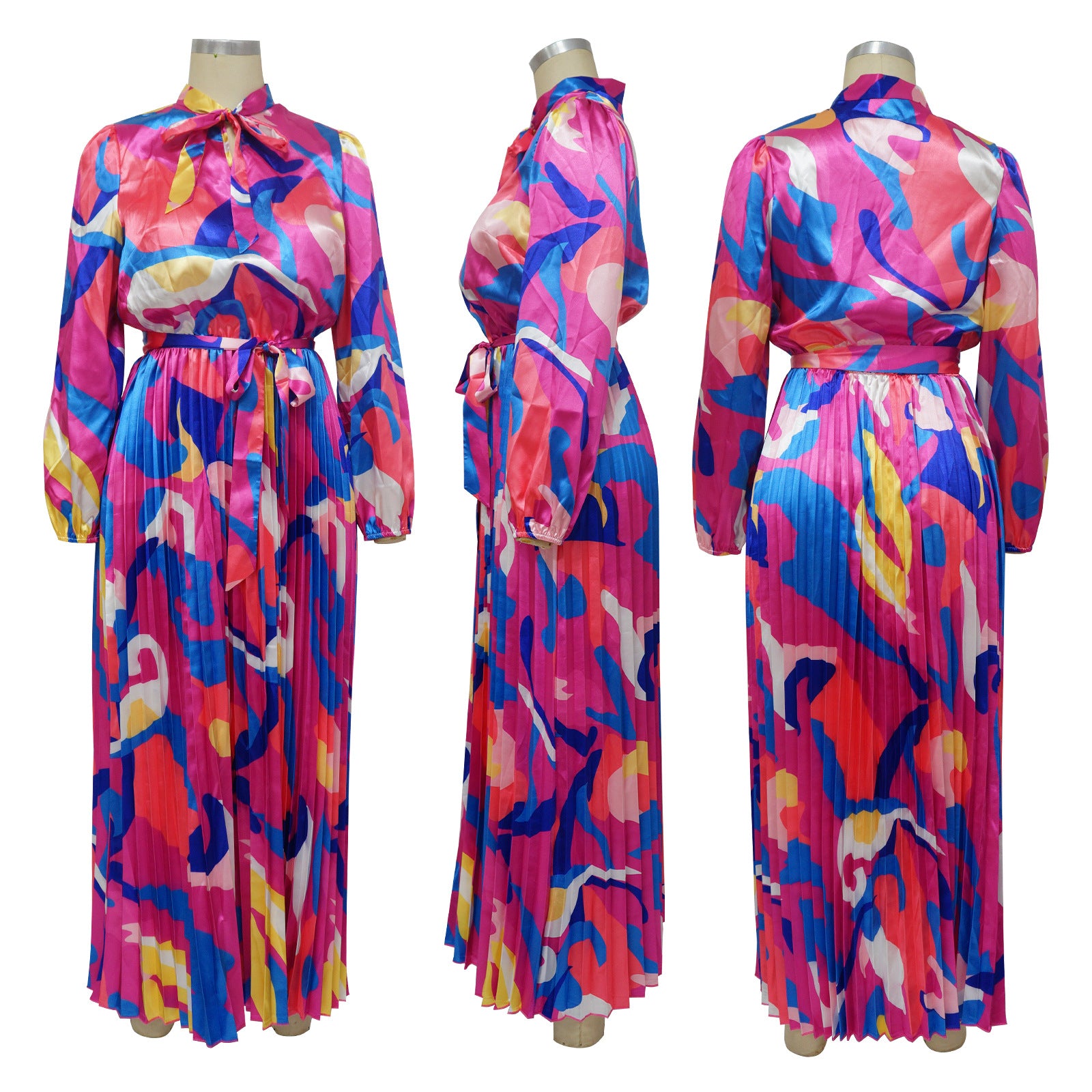 Women's Tie Long Sleeve Printed Pleated Dress 8