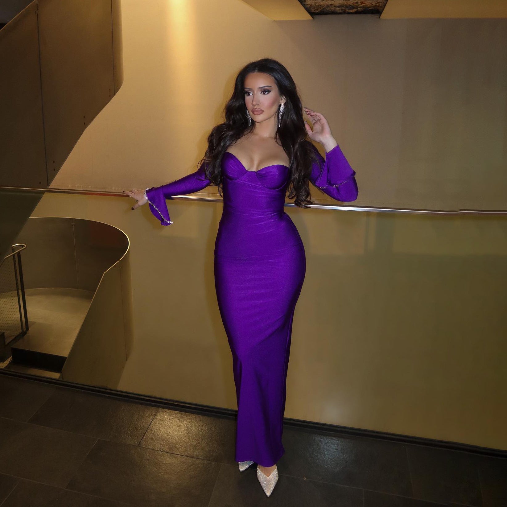 Spring Solid Color Sexy Low-Cut Bell Bottom Sleeve Long Slim High Waist Women's Dress 5