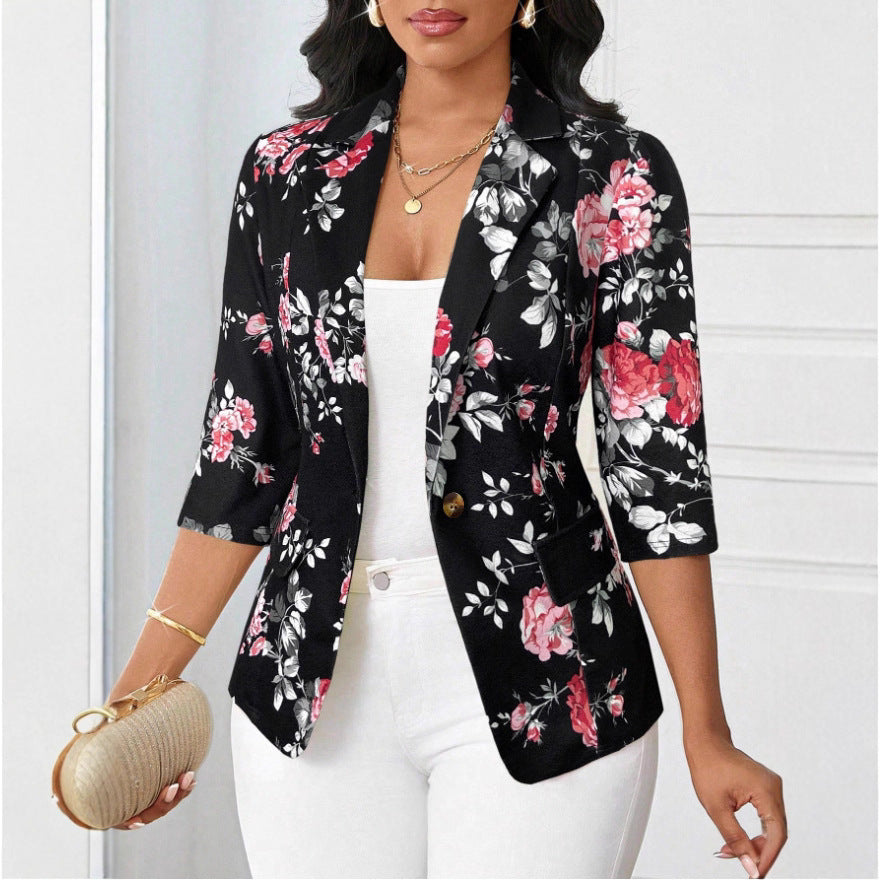 Women's Autumn Fashion Print Single Button Slim Blazer Short Jacket 5