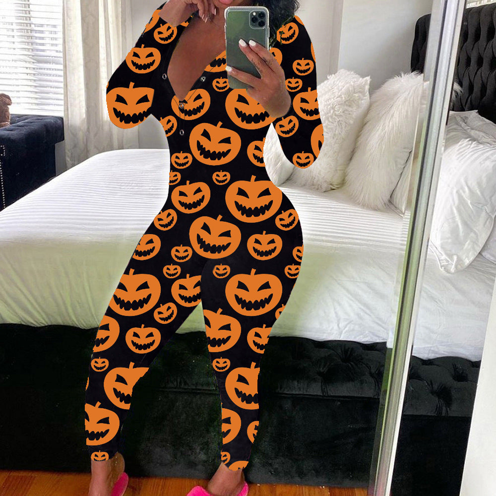 Women's Sexy Fashion Pattern Print Deep V-Neck Long Sleeve Tight Slim Jumpsuit 4