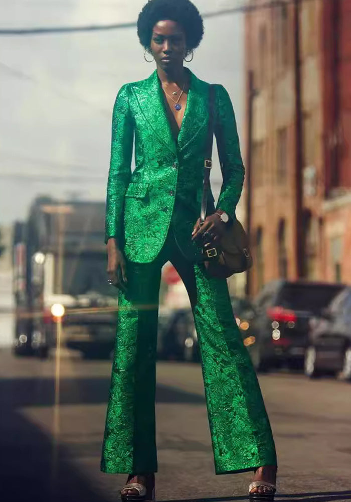 Green Embroidered Blazer Pants Two Piece Suit
