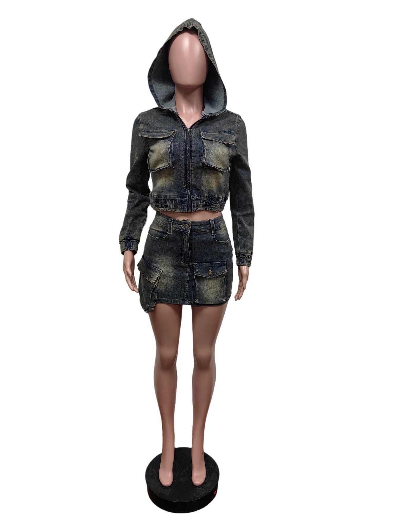 Denim Suit Stretch Denim Hooded Jacket Skirt Two Piece Set