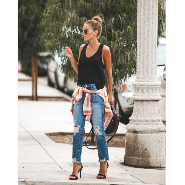 Women Ripped non-elastic Denim Pants 8