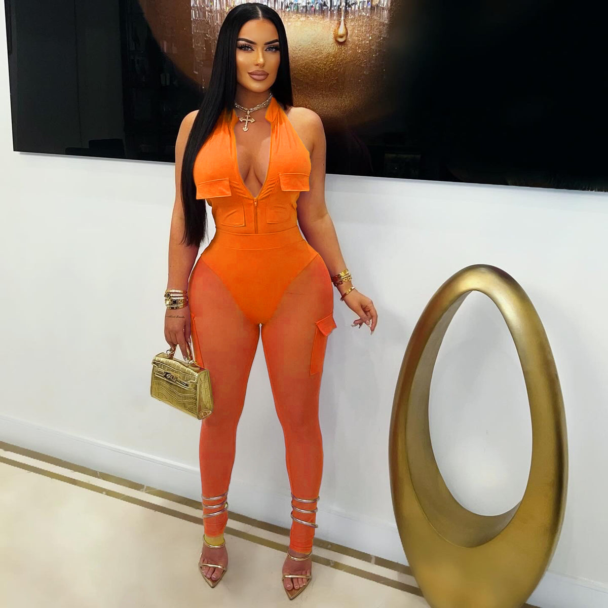 Summer Deep V-Neck Sleeveless Tight-Fitting Bodysuit Pocket Mesh Pants Set 5