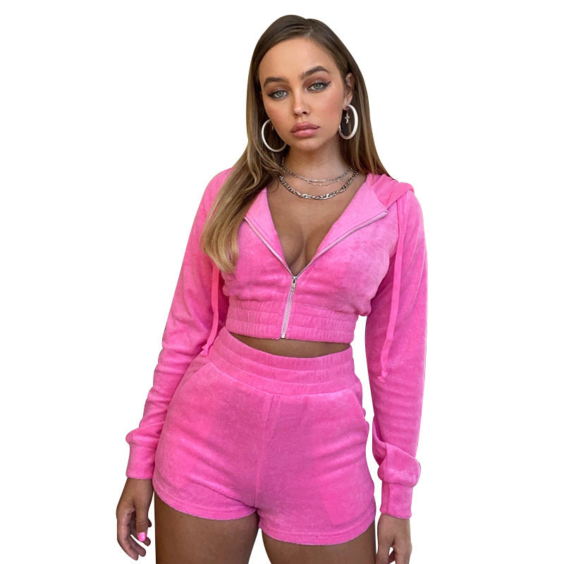 Women's Autumn Solid Velvet Hooded Long Sleeve Tight Fitting Two Piece Tracksuit 22