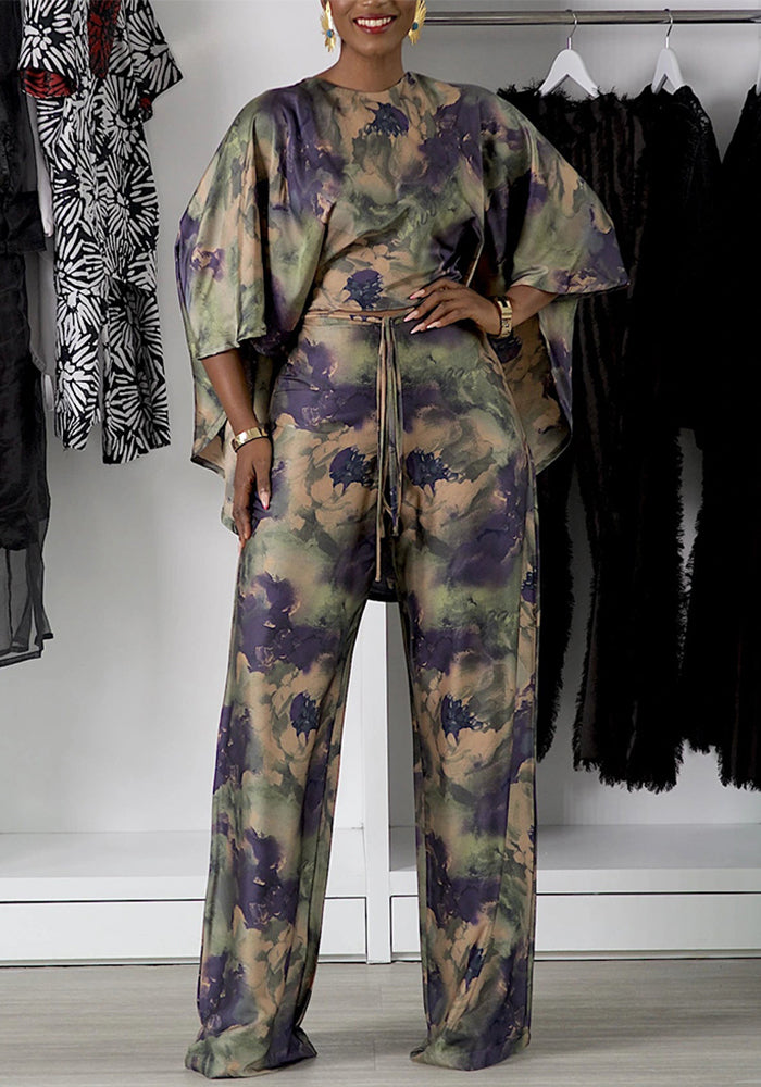Women Smudge Print Waist Tie Top and Long Pants Two-Piece Set