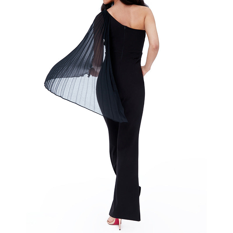 Women Sexy Black Stretchy Color-Block One-Shoulder Jumpsuit