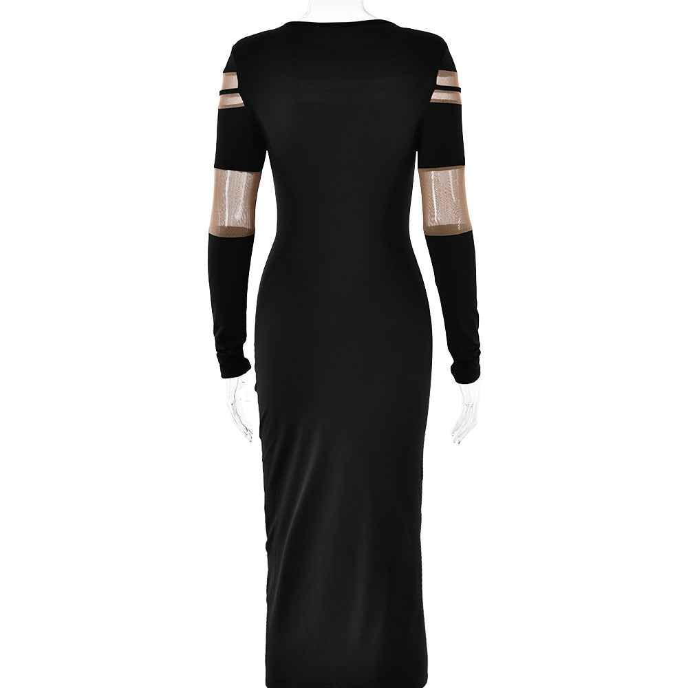 Autumn Winter Fashion Mesh Patchwork See-Through Sexy Chic Slim Long Sleeve Bodycon Long Dress 12