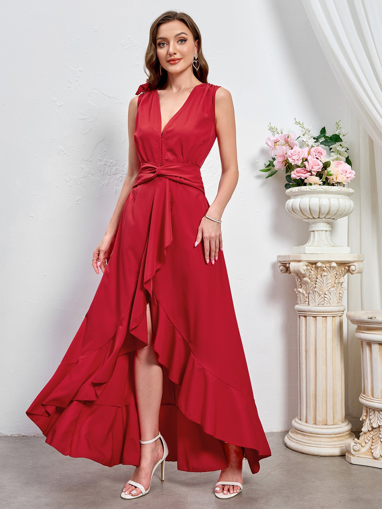 Women Solid V-neck Sexy Dress 8