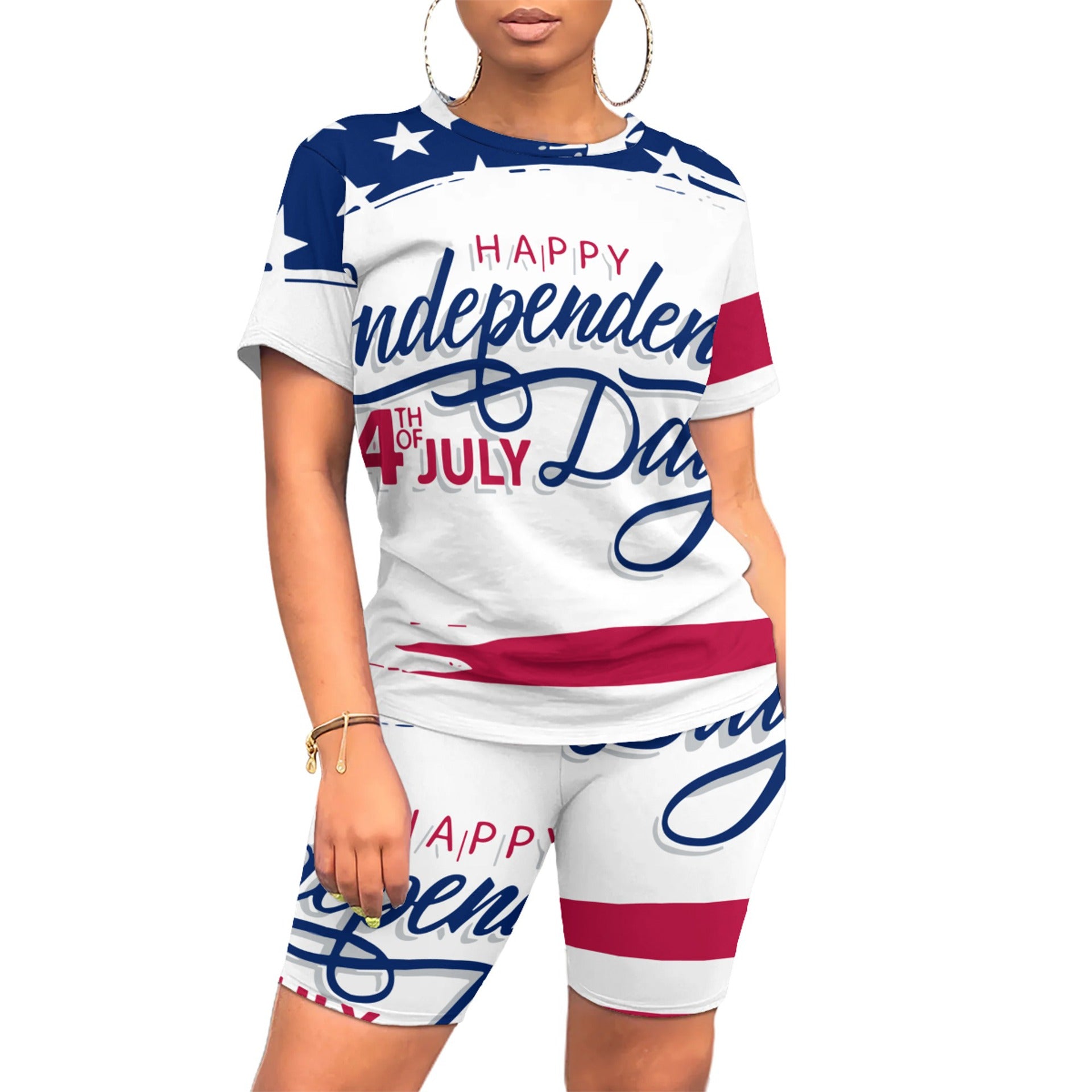 American Flag Print Fashion Casual Women's Short Sleeve T-Shirt Shorts Two Piece Set 17