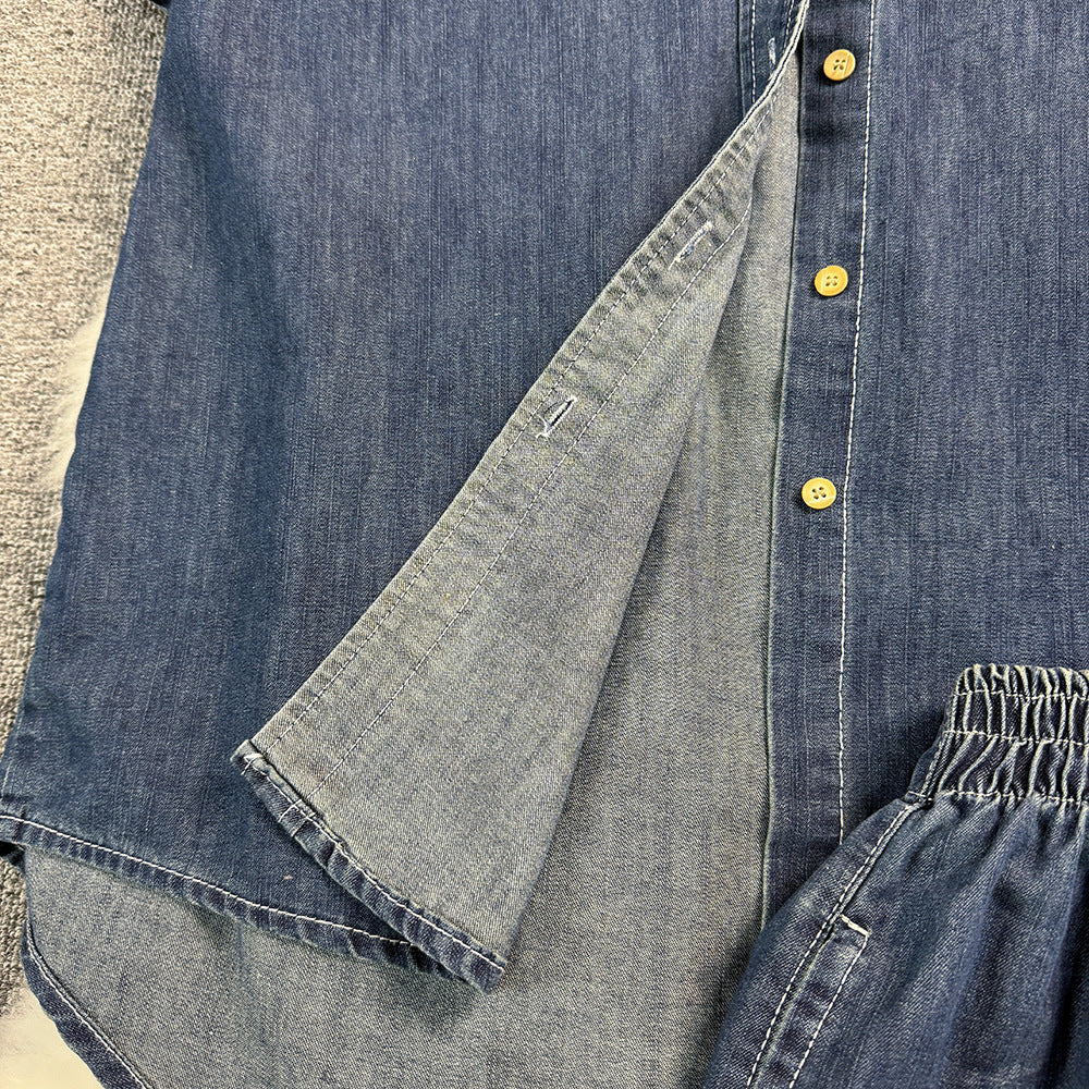 Summer Loose Short-Sleeved Denim Shirt Wide-Leg Shorts Casual Trendy Two-Piece Set 6