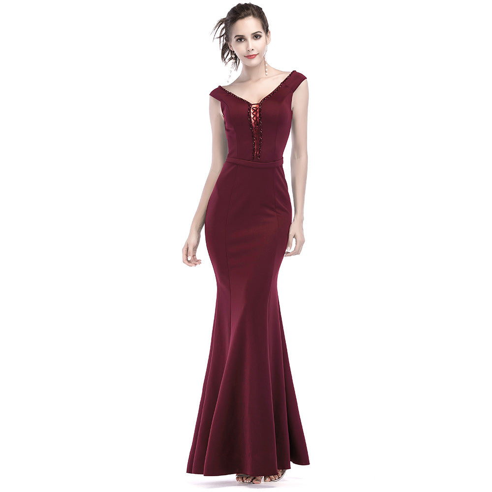 Women Elegant V Neck Slim Formal Party Maxi Mermaid Evening Dress 6
