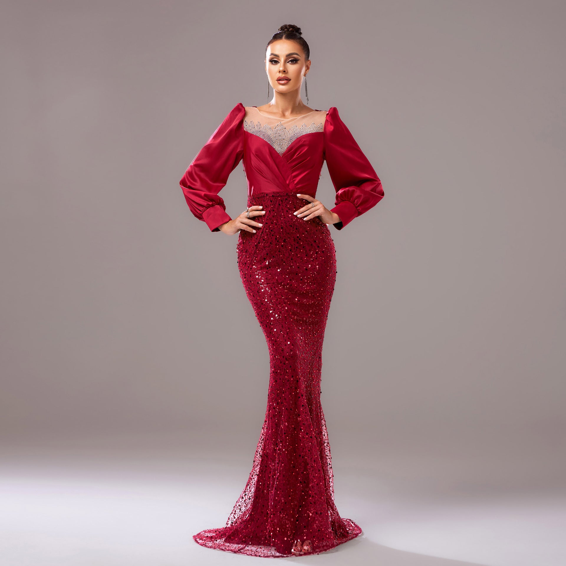 Chic Long Sleeve Round Neck Formal Party Bodycon Beaded Sequin Evening Dress Women Bridesmaid Gown 3