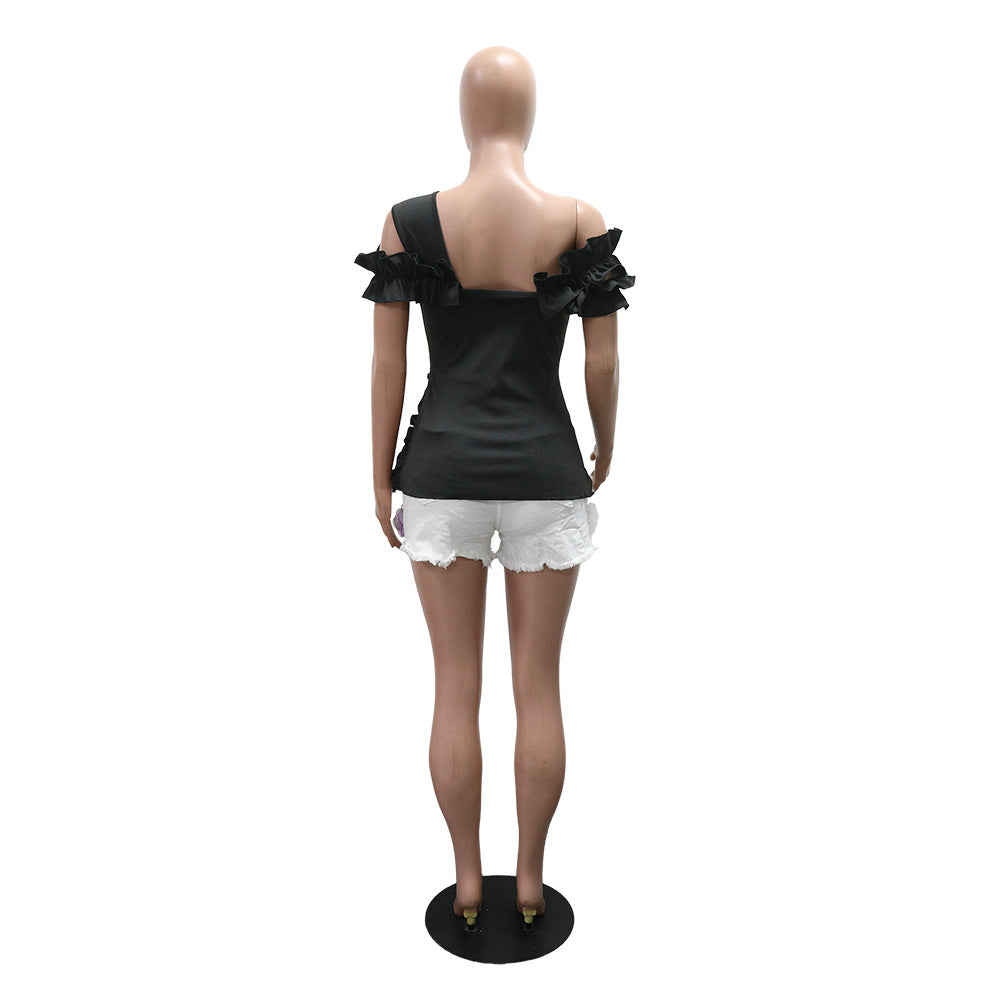 Women Off Shoulder Irregular Lotus Leaf Top 9