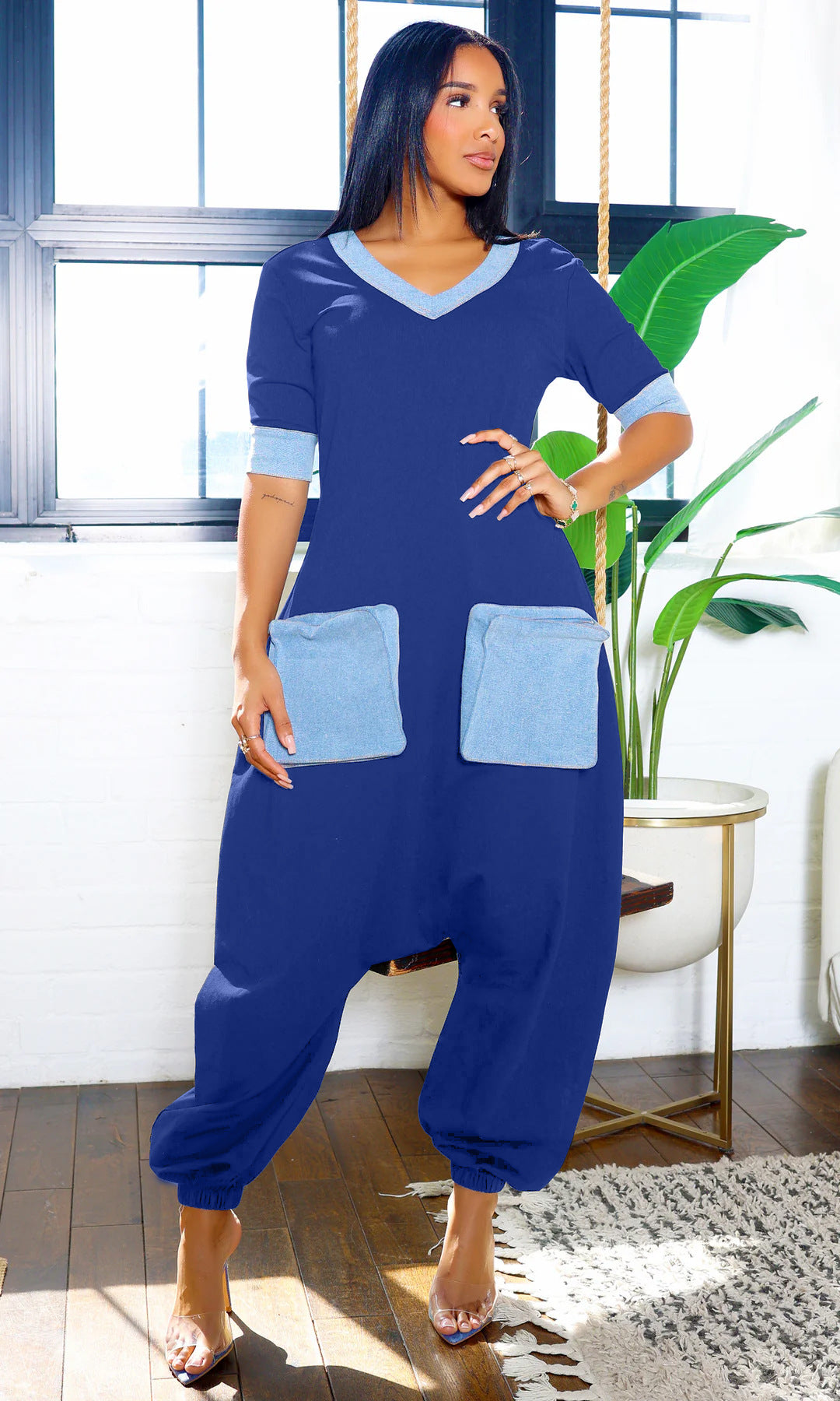 Women Casual Career V-Neck Patchwork Contrast Stretchy Denim Jumpsuit 5