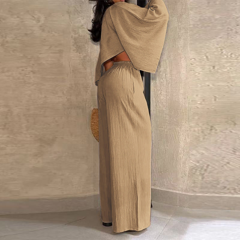 Women's Fashion Sexy Beach Holidays Solid Slash Shoulder Irregular Top with Elastic Waist Pockets Long Pants Set 24