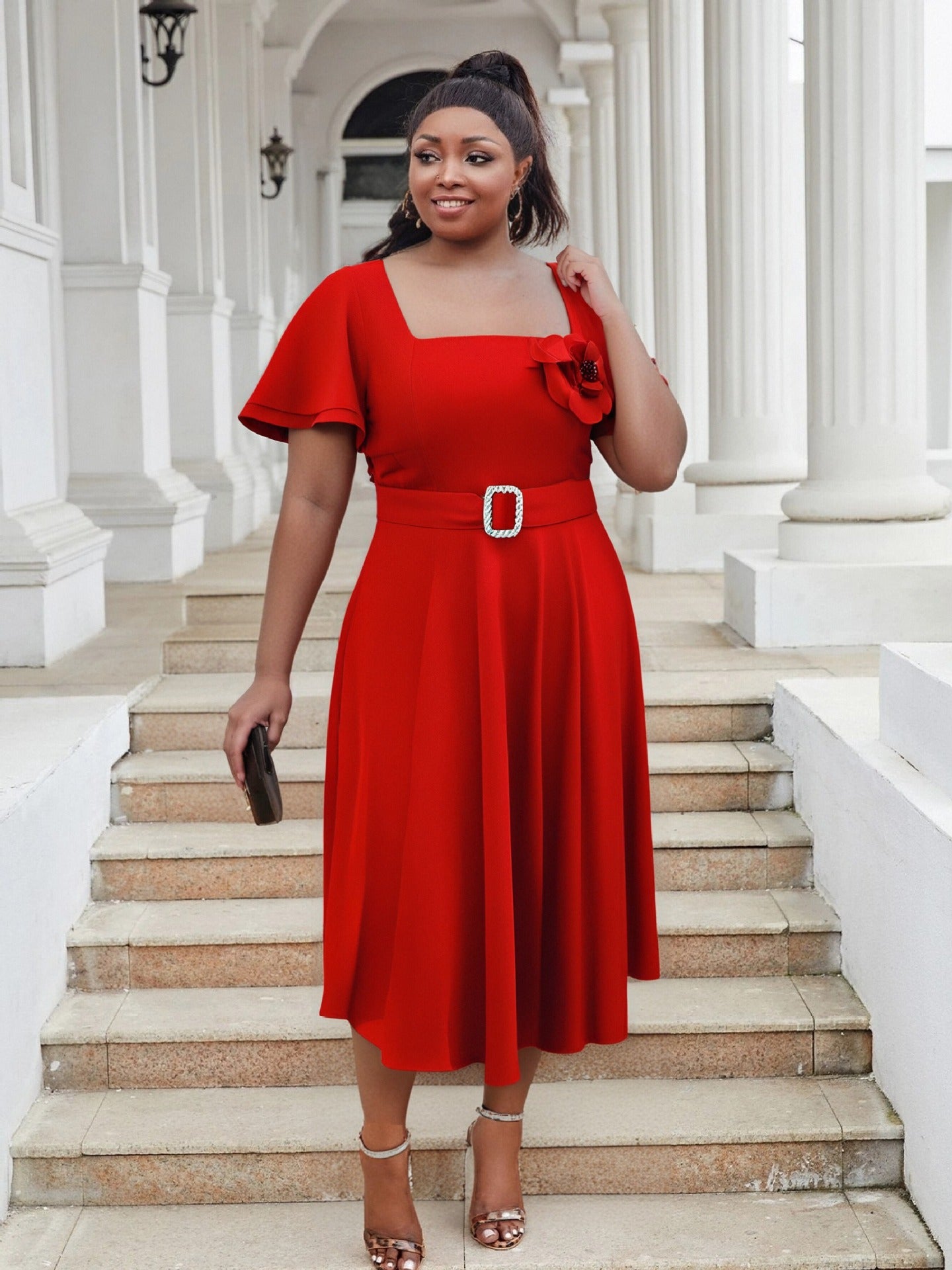 Plus Size Women Square Neck Solid High Waist Dress 7