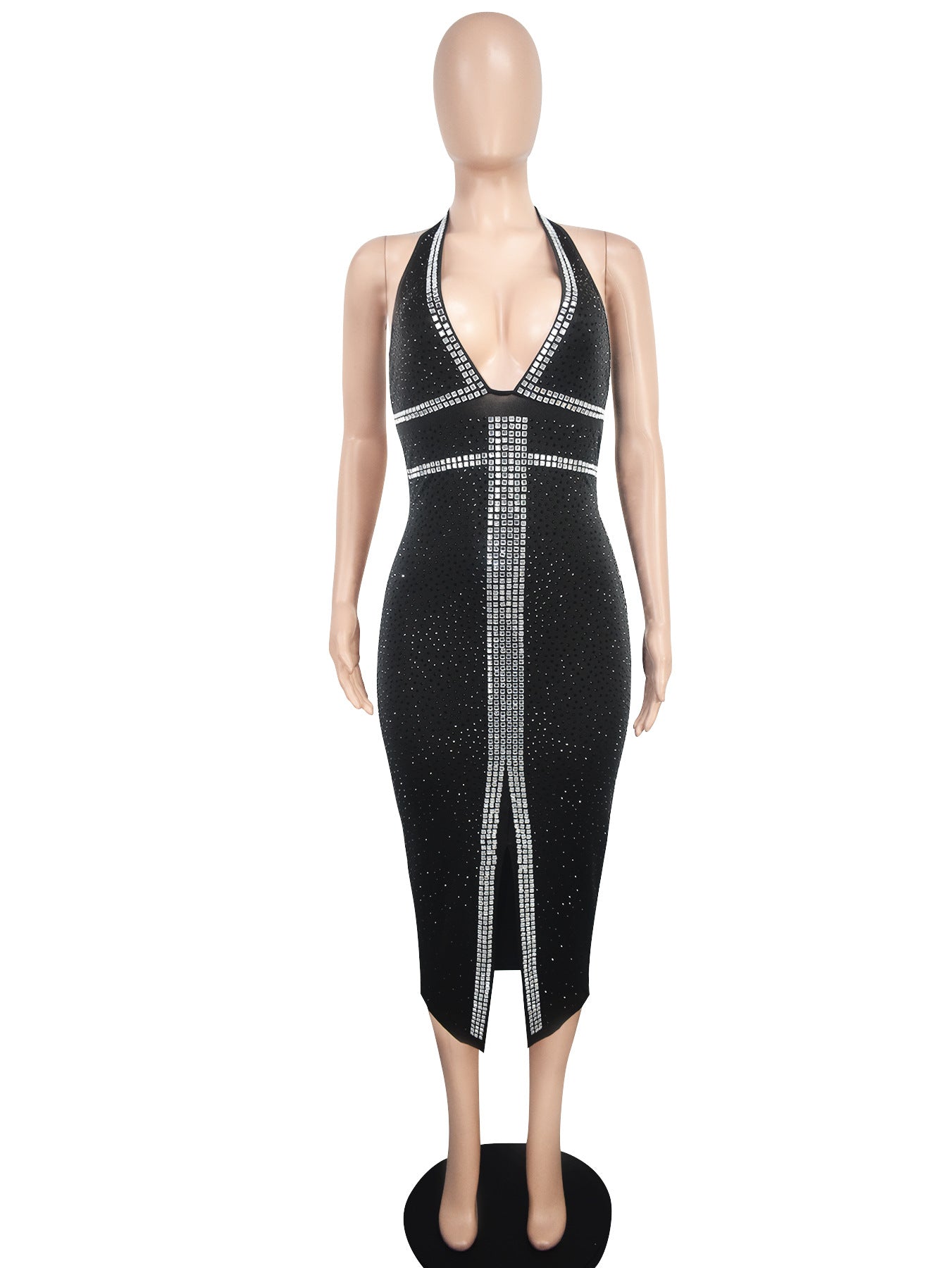 Women Sexy V-Neck Lace-Up Backless Beaded Dress 7