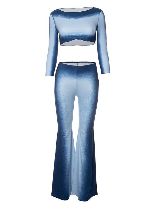 Women's Autumn Gradient Color Three Quarter Sleeve Crop Top High Waist Trousers Casual Two Piece Set 6