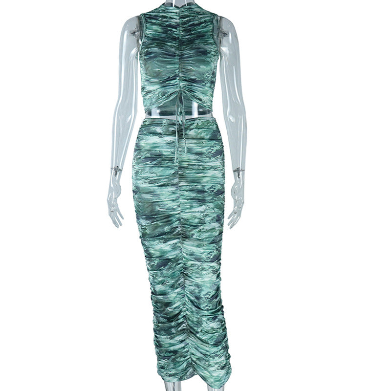 Printed Sleeveless Drawstring Top and Skirt Two-piece Set 9