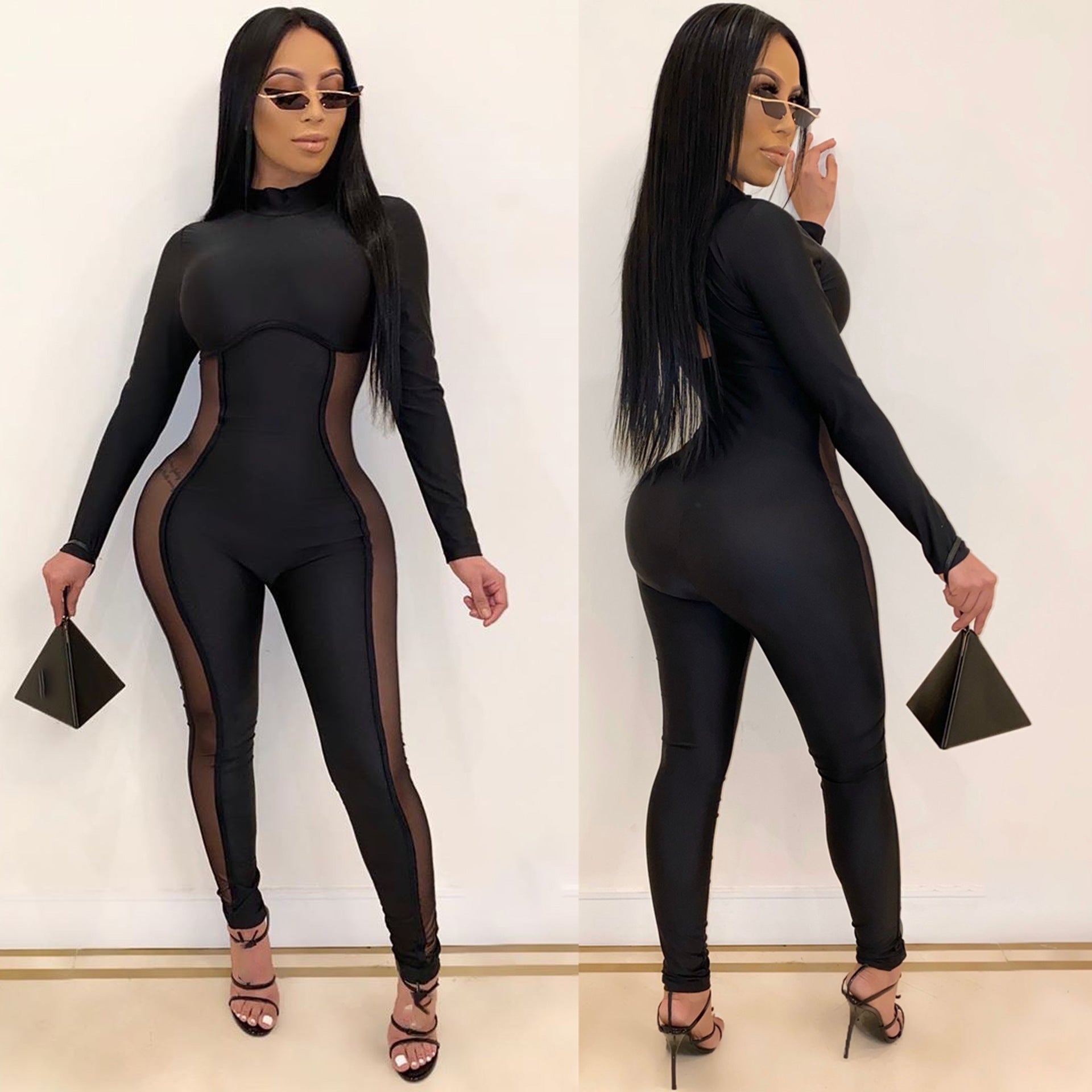 Women's Autumn Winter Sexy Tight Fitting Mesh Patchwork Long Sleeve Jumpsuit