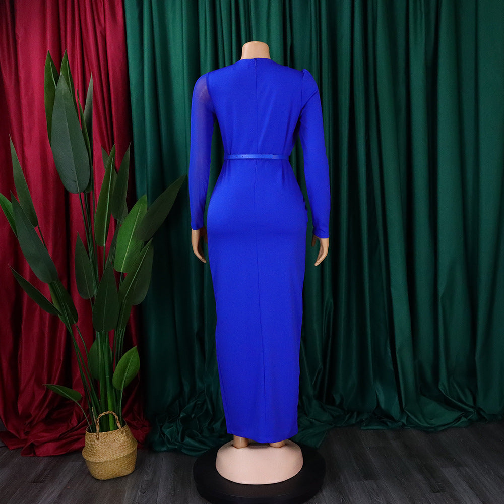 Summer Solid Round Neck Pleated Long Sleeve Plus Size Dress 14