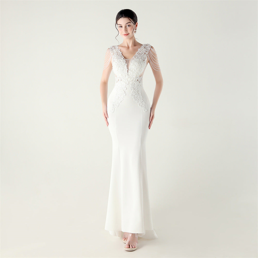 Women Heavy Beaded Applique Fishbone Train Lace-Up Formal Party Evening dress