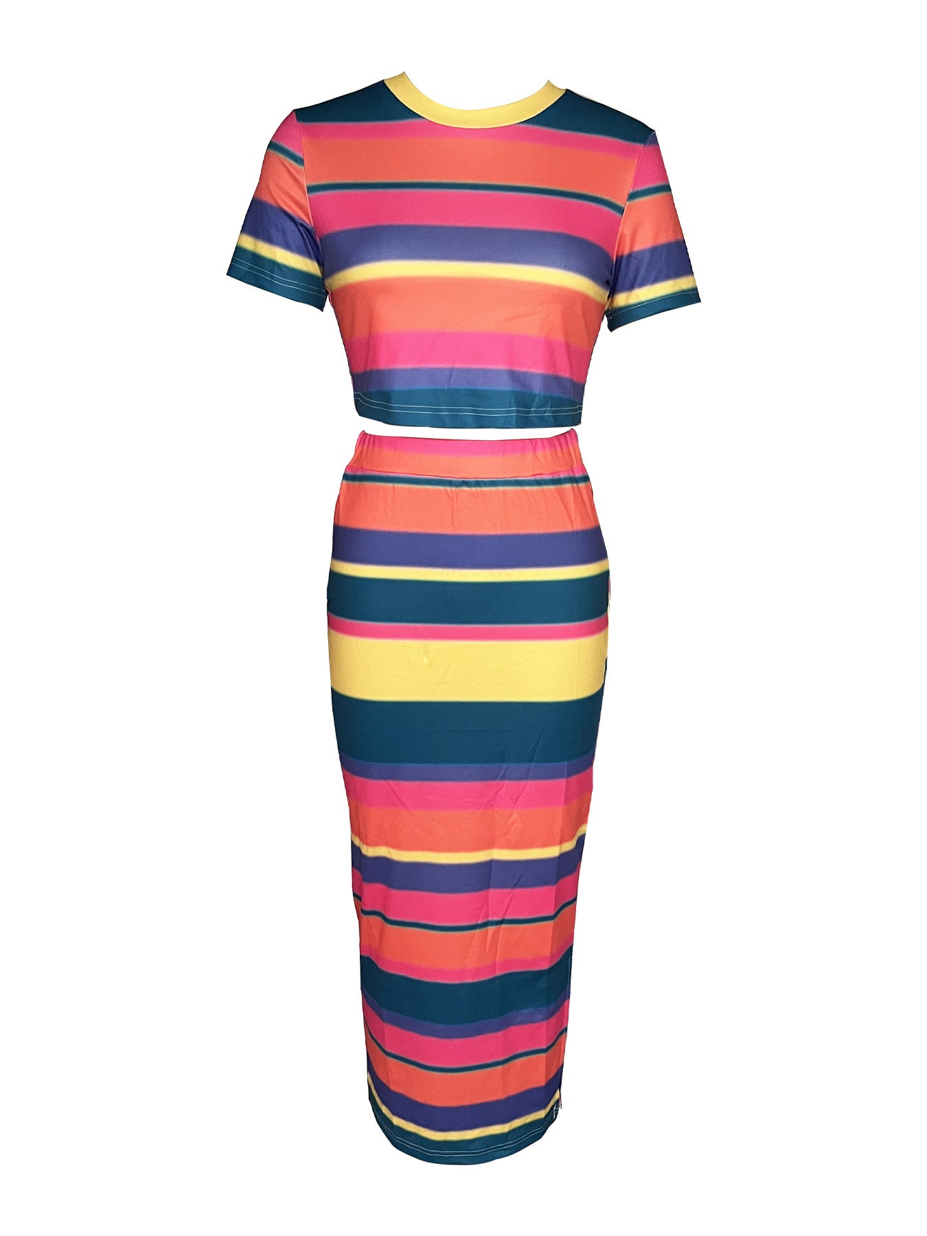 Women Elegant Casual striped short-sleeved Top skirt Two Piece Set 10