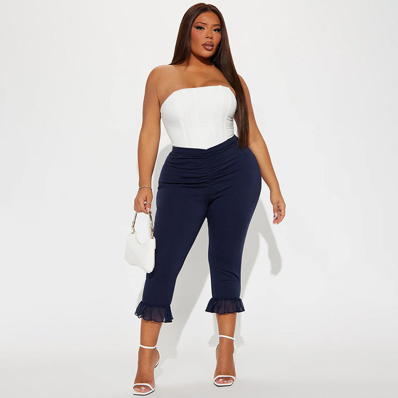 Women's Spring and Summer Ruffled V Waist Solid Color Elastic 7-point Casual Pants 12