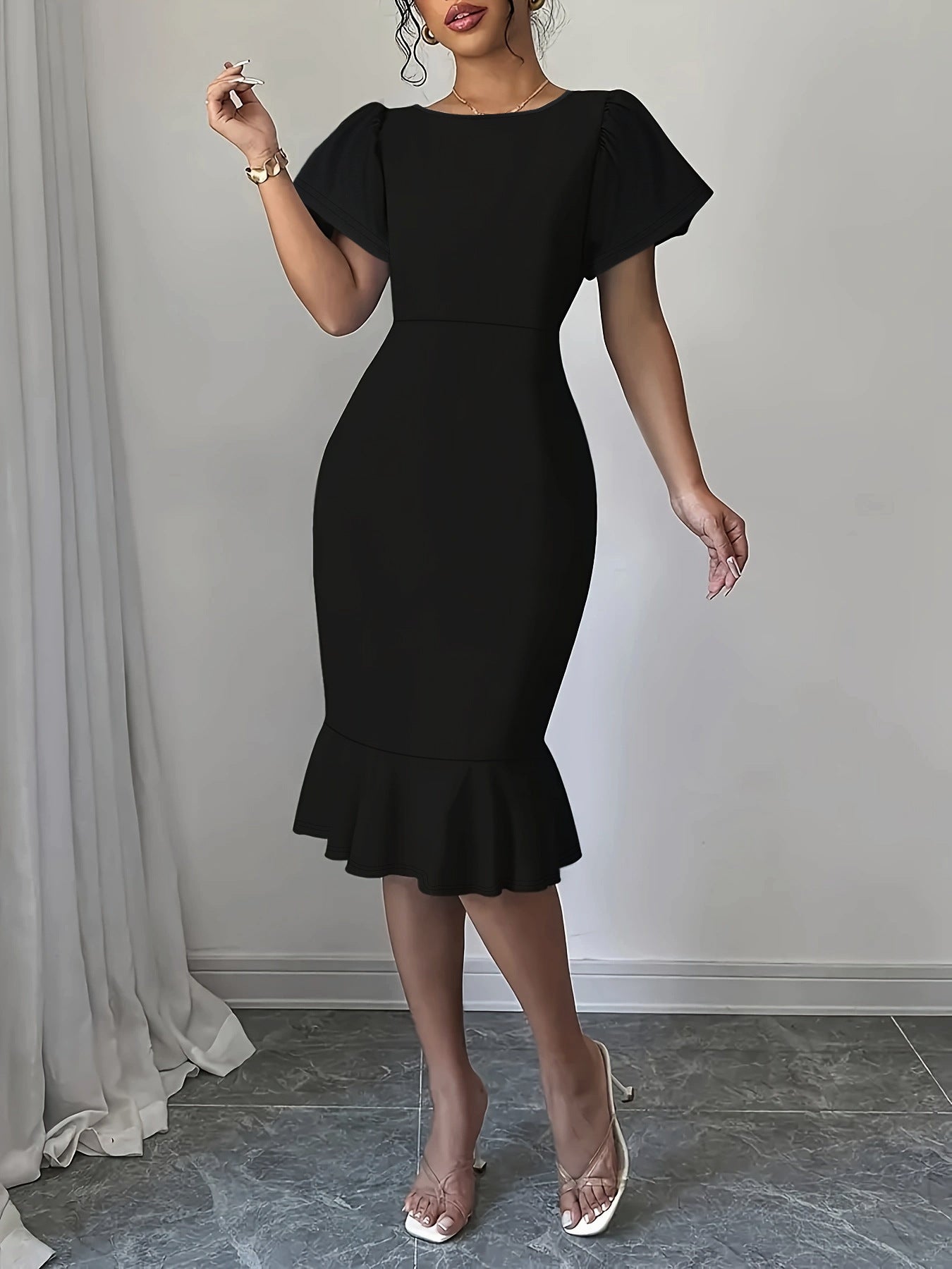 Women's Fashion Elegant Plus Size Round Neck Ruffle Midi Dress 3