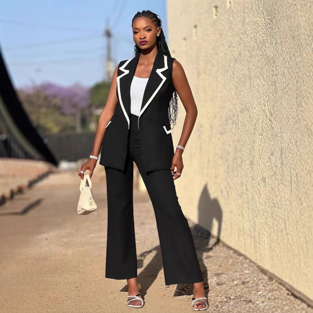 Women's Sleeveless Patchwork Contrast Color Vest Pants Two Piece Set 7