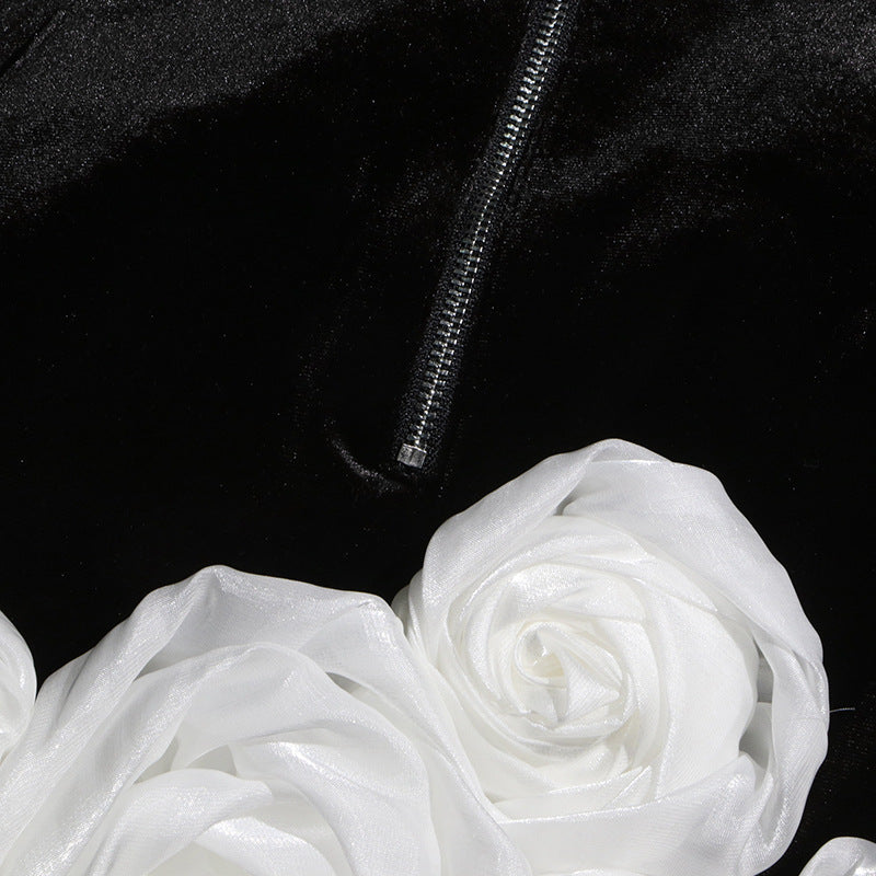 Women sexy velvet wrap chest white rose puffy dress 19