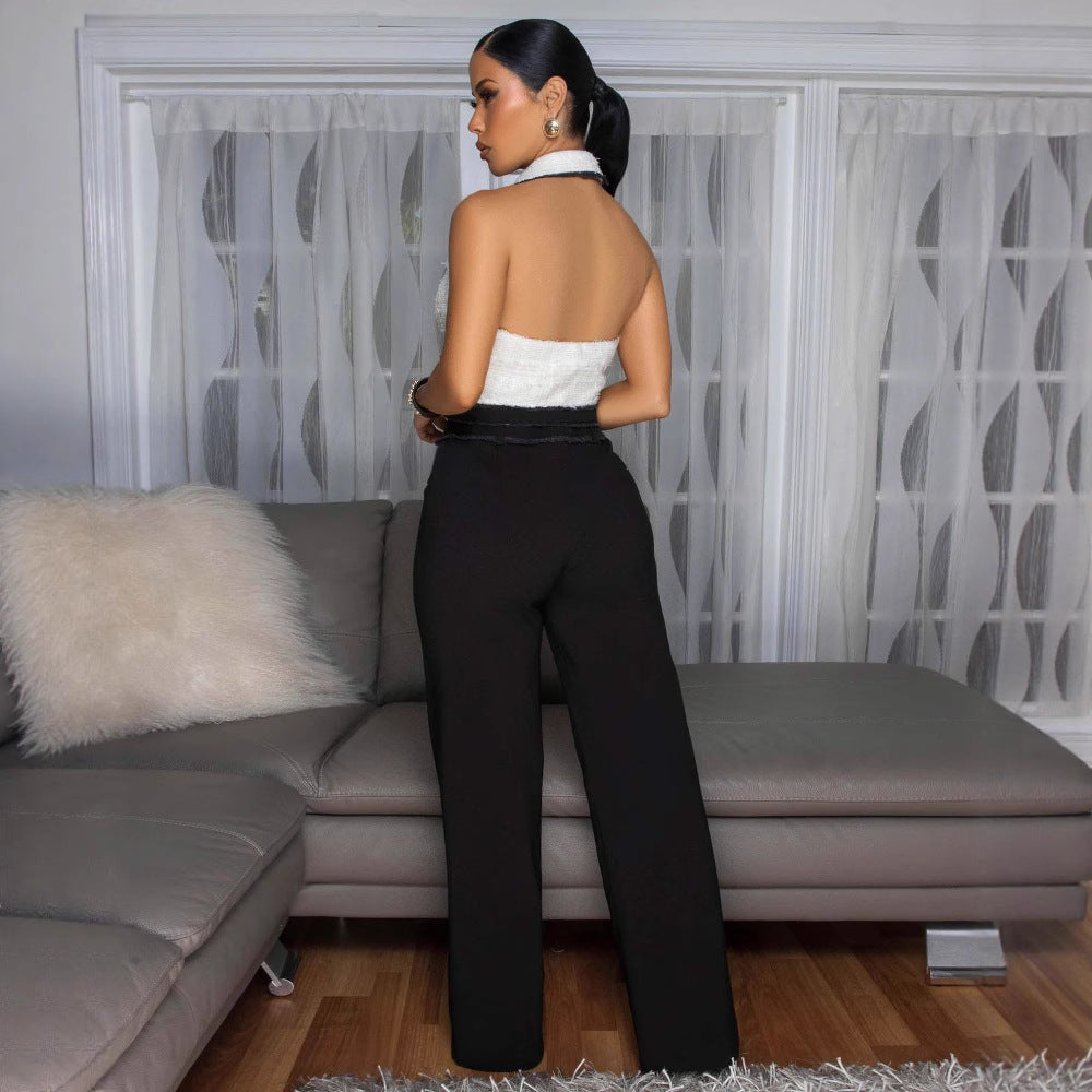 Women's Patchwork Halter Sleeveless Wide-Leg Jumpsuit 5