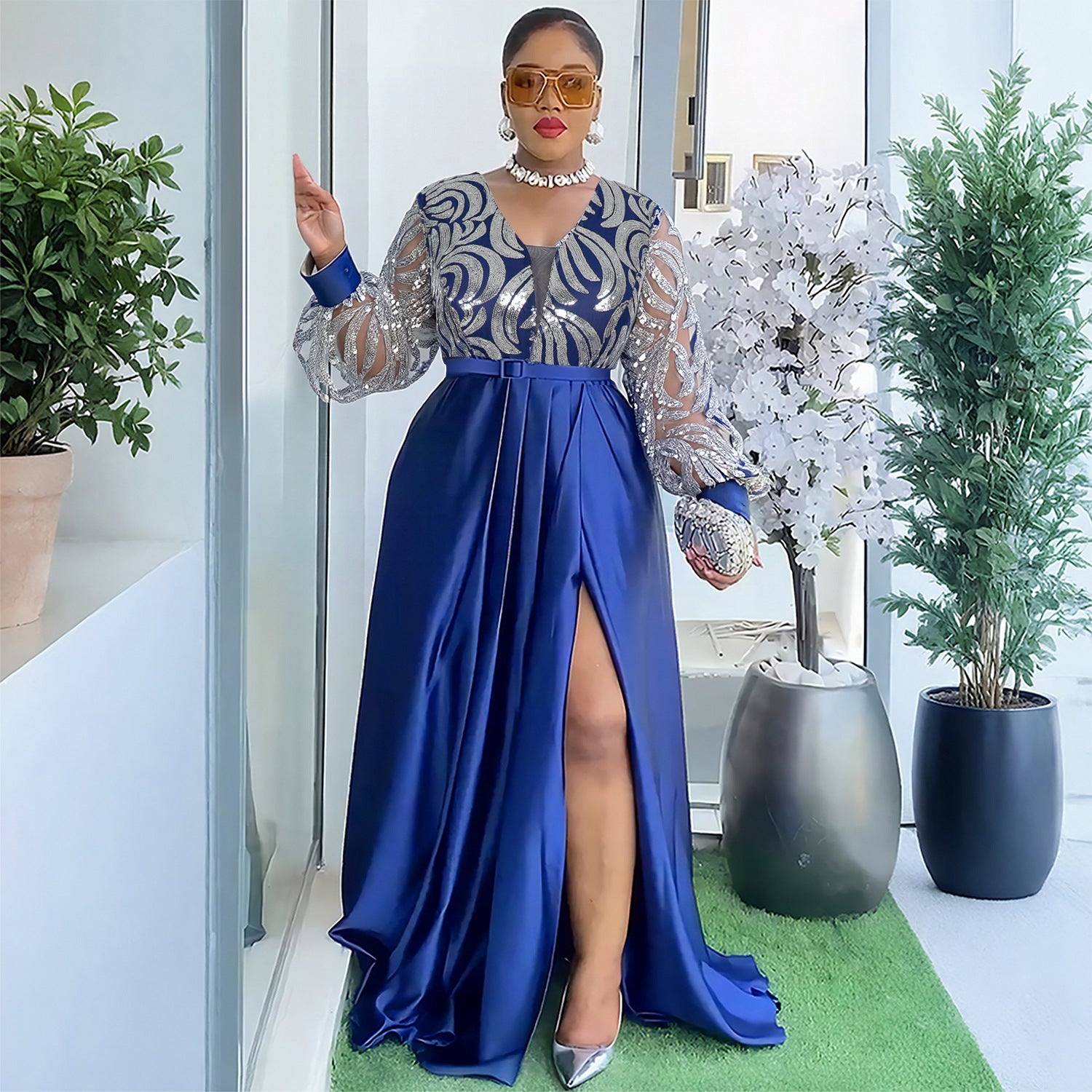 Plus-size African Women sequined lace long-sleeved V-neck elegant maxi dress 4