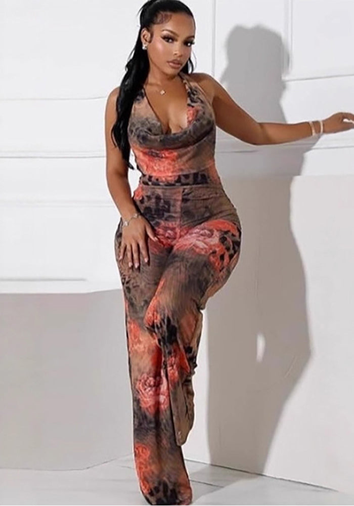 Women's Sexy Leopard Floral Print Halter Neck Jumpsuit