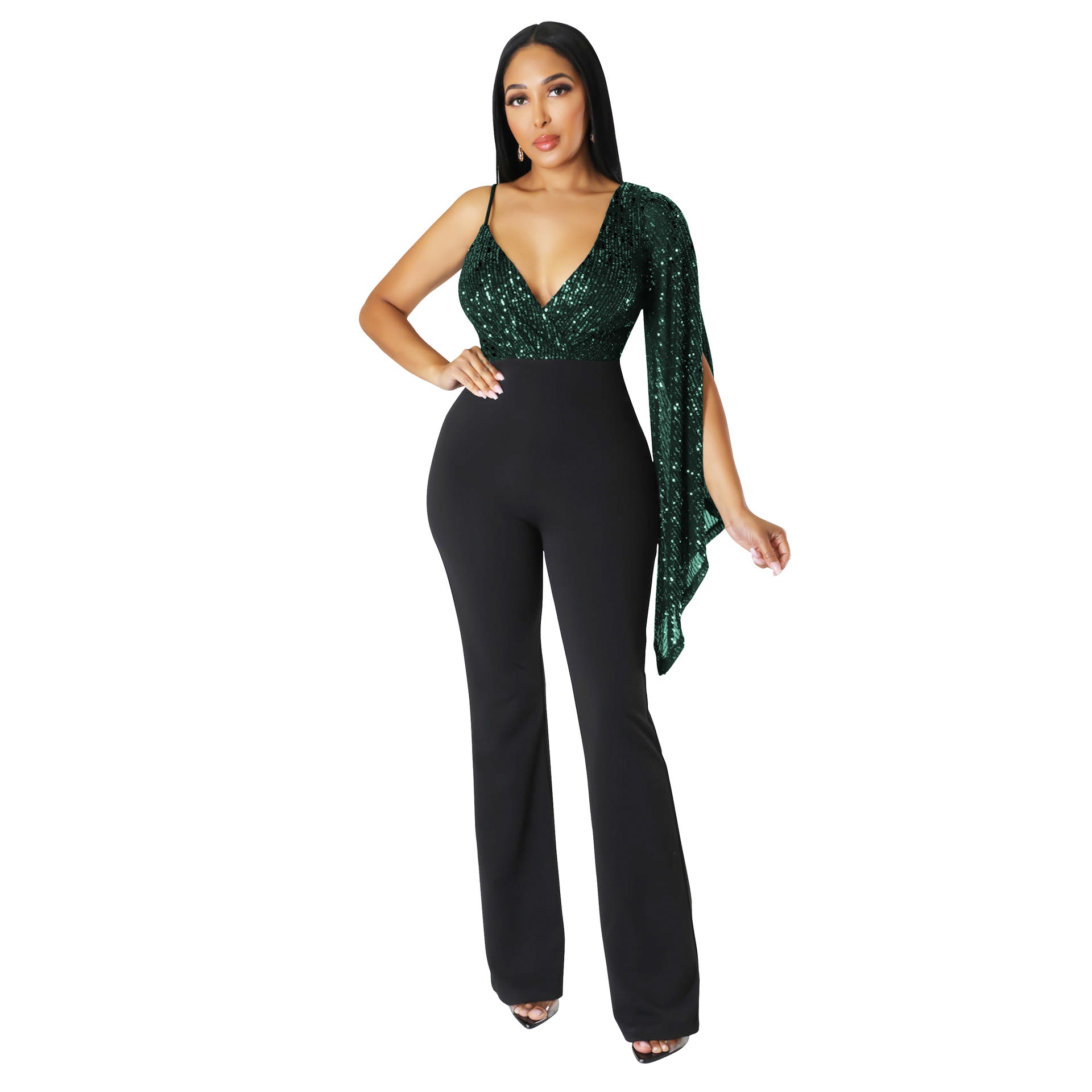 Trousers Sequined V-neck Strapless One Shoulder Cape Sexy Nightclub Jumpsuit 3