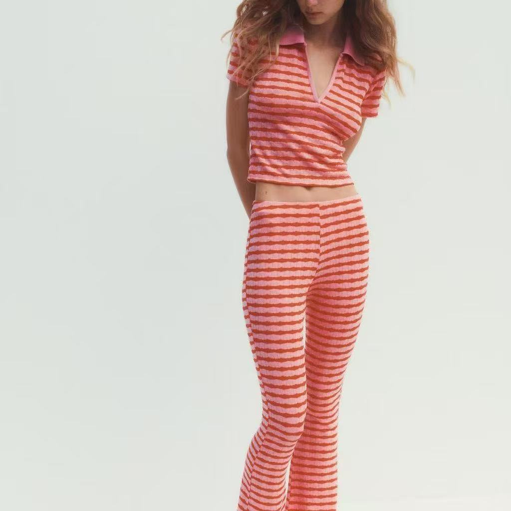 Fashion Turndown Collar Shirt & Striped Bell-Bottom Pants Summer Knit Set 12