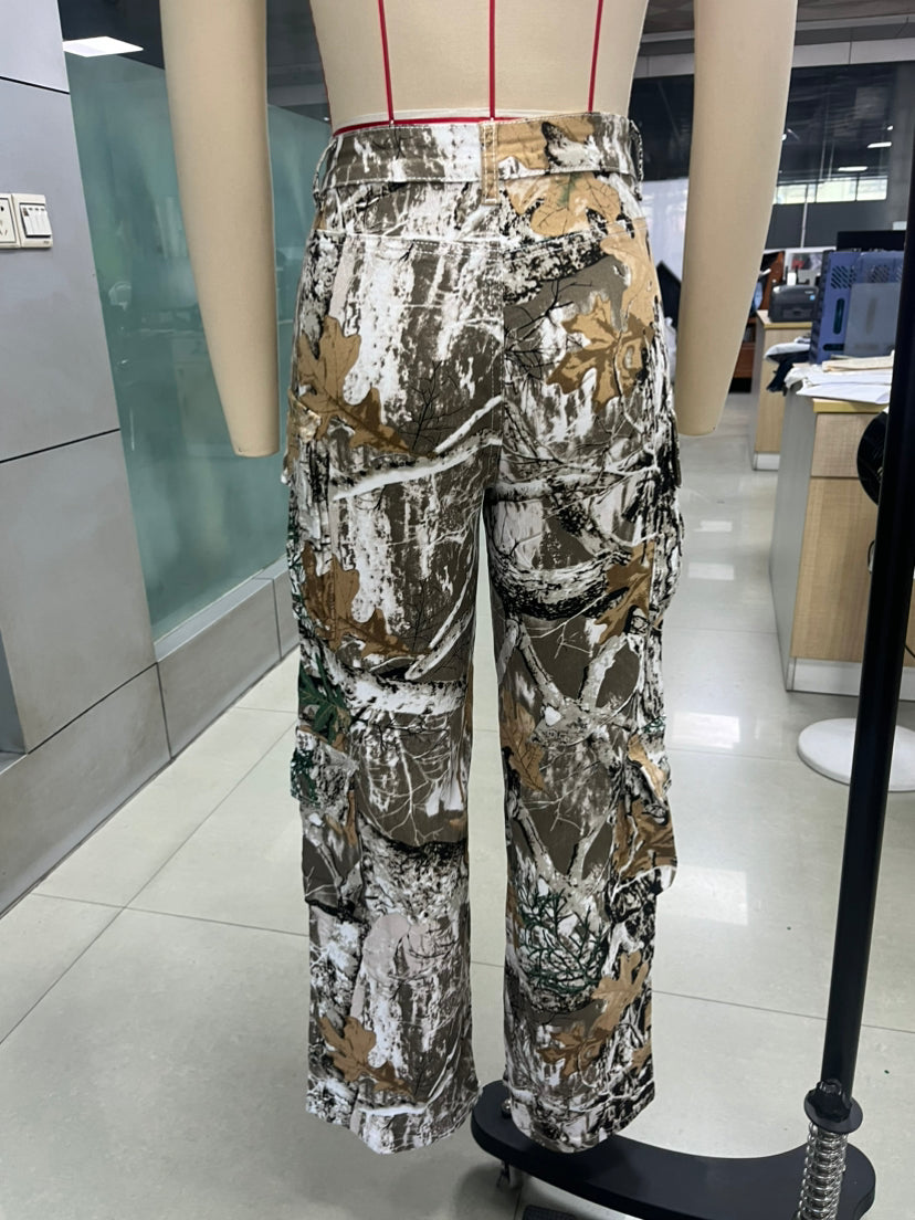 Women Fall Print Cargo Casual Denim Pants 9