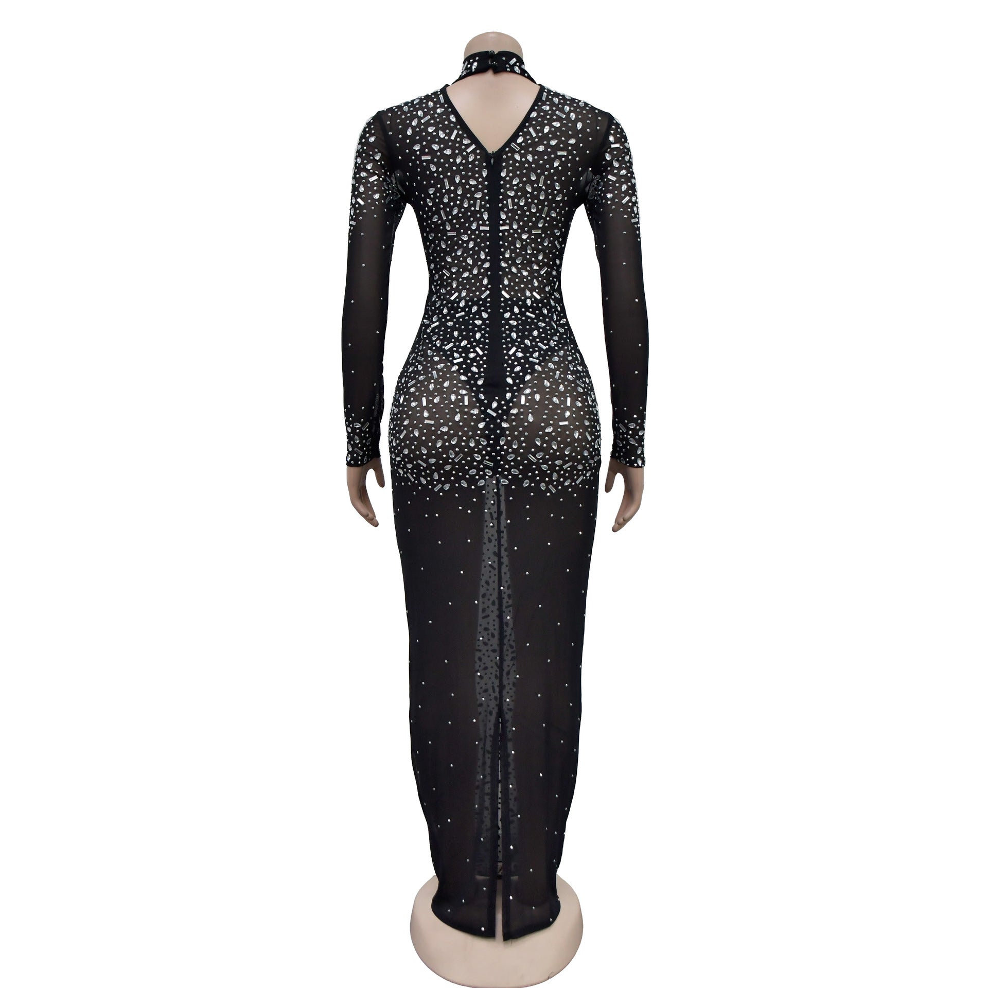 Women Solid mesh Beaded long sleeve dress 27
