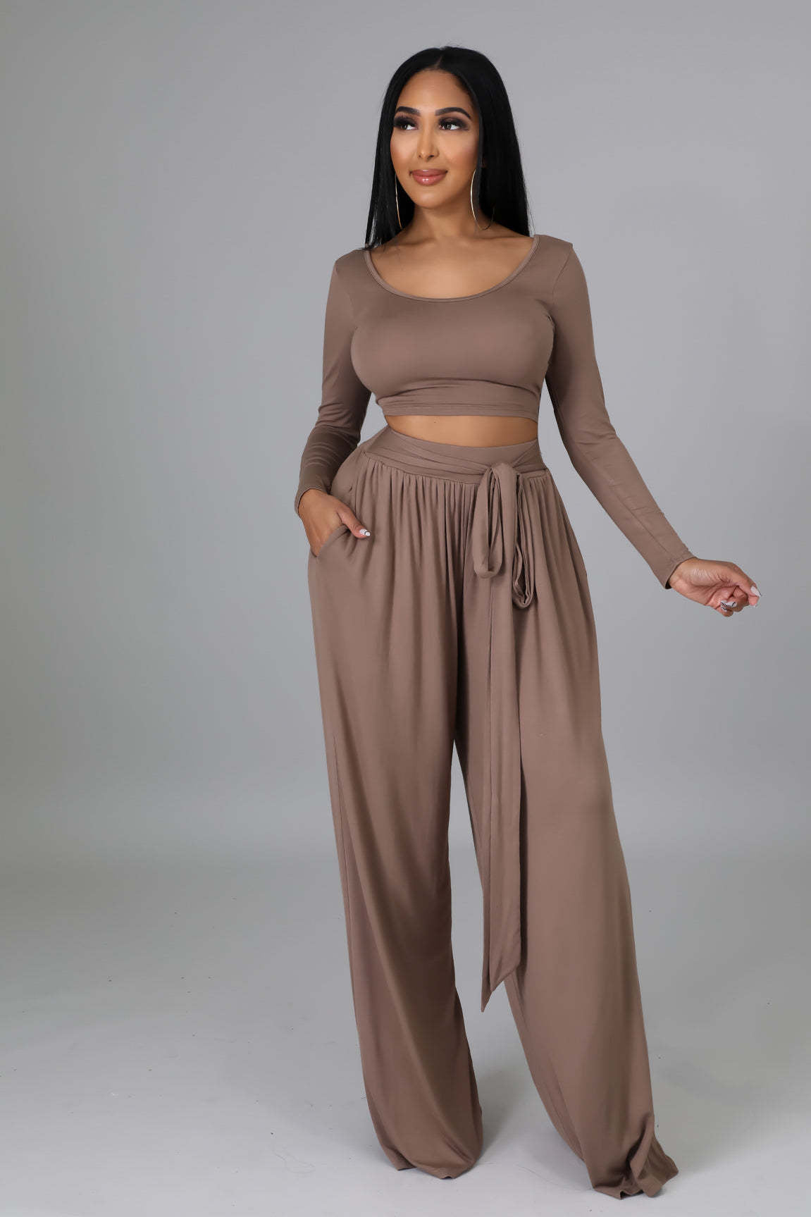 Fashion Solid Color Casual Round Neck Long-Sleeved Top Wide-Leg Trousers Two Piece Set 5