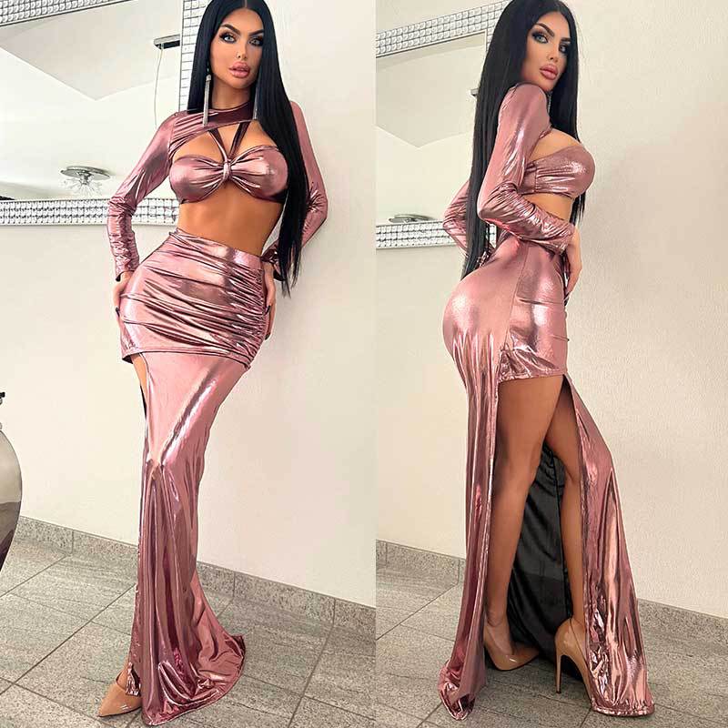 Women Solid Long Sleeve Sexy Top and Slit Long Skirt Two Piece Set 3
