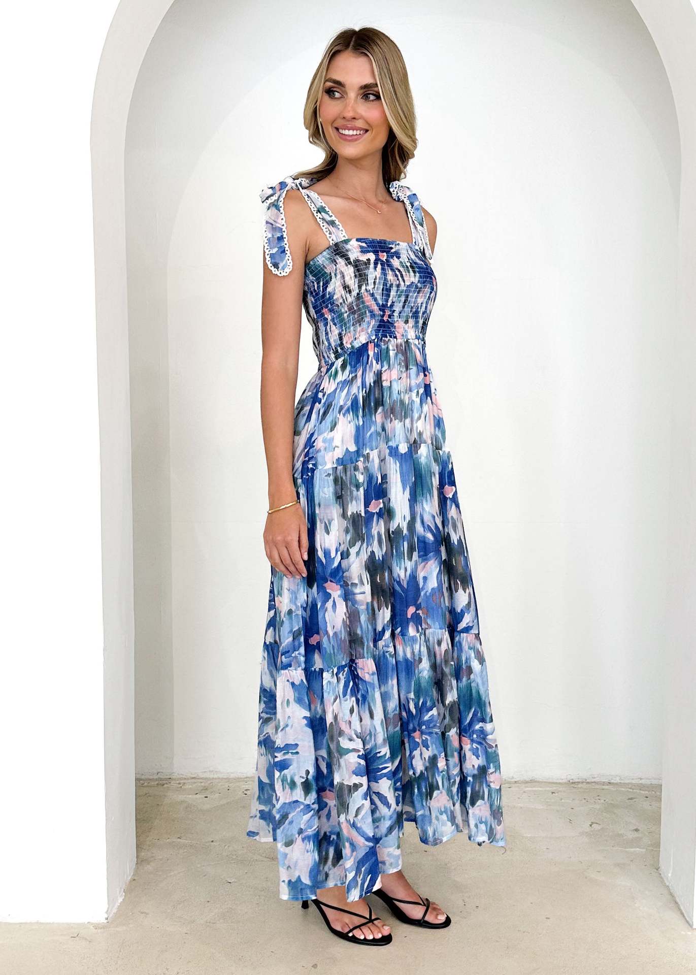 Spring and Summer Women's Strap Elastic Waist Strap Print Long Dress 6